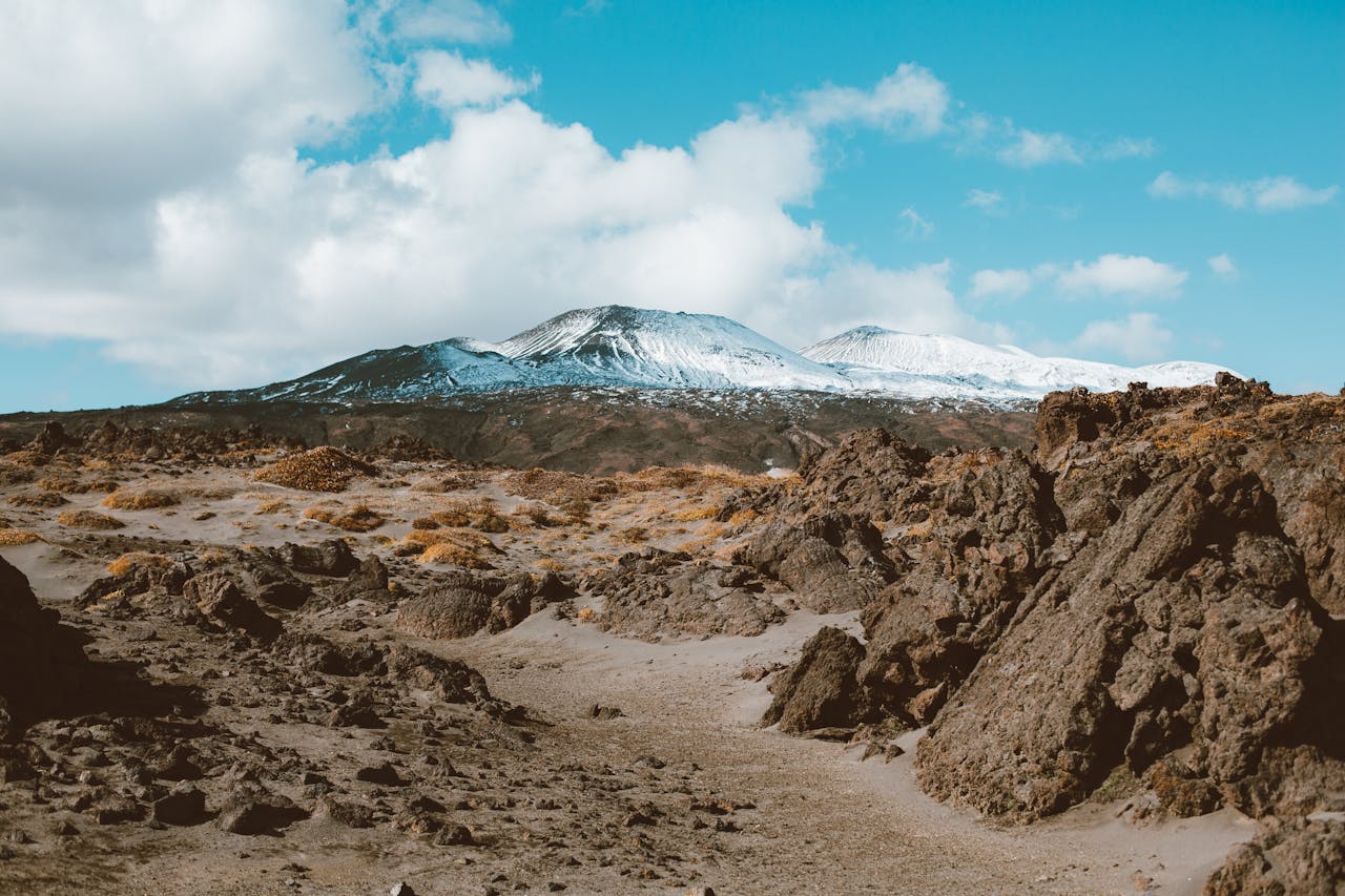 portfolio-img-03 Picturesque view of distant mountains with snow on slopes surrounded by rocky terrain under cloud sky